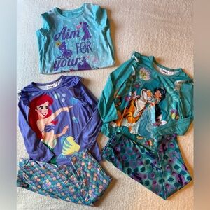 Disney Princess Bundle, 2 Matching Outfits + Nightgown. Ariel Jasmine. Sz 4T
